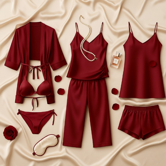 7-Piece Luxury Satin Sleepwear & Lingerie Set For Women