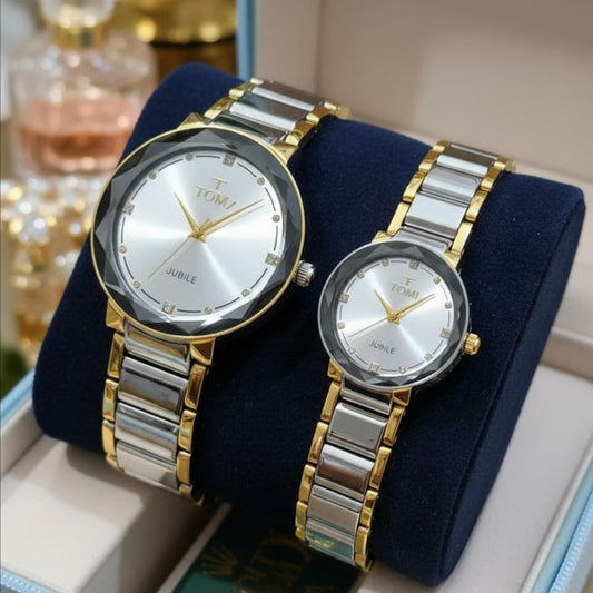 TOMI Couple Watches – Diamond Cut Luxury Pair with Premium Metal Chain & Gift Box