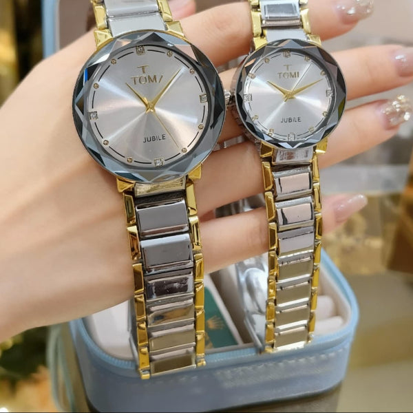 TOMI Couple Watches – Diamond Cut Luxury Pair with Premium Metal Chain & Gift Box