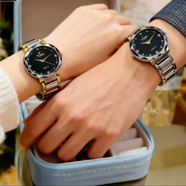 TOMI Couple Watches – Diamond Cut Luxury Pair with Premium Metal Chain & Gift Box