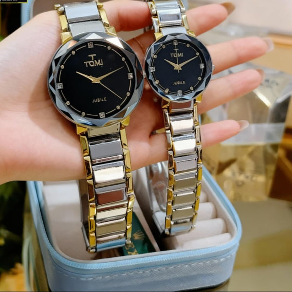 TOMI Couple Watches – Diamond Cut Luxury Pair with Premium Metal Chain & Gift Box