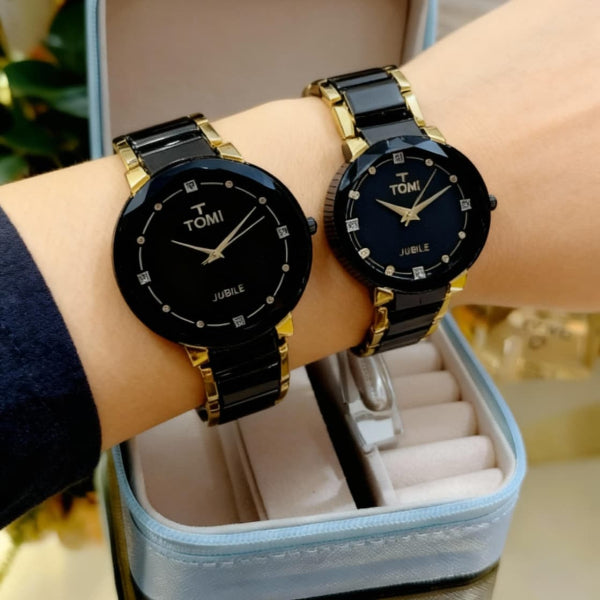 TOMI Couple Watches – Diamond Cut Luxury Pair with Premium Metal Chain & Gift Box