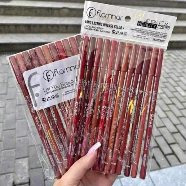 Set of 12 Flormar lip liners with creamy texture – perfect for defining lips with rich, bold shades.